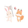 Lovely White Little Bunny and Fox Cub Catching Butterflies with Net, Cute Best Friends, Adorable Rabbit and Pup Cartoon Characters Vector Illustration