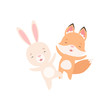 Lovely White Little Bunny and Fox Cub Happily Jumping, Cute Best Friends, Adorable Rabbit and Pup Cartoon Characters Vector Illustration