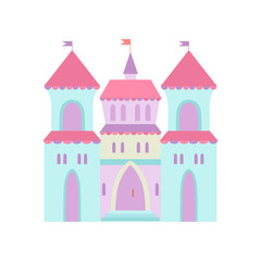 Wall Mural - Cute Castle, Fairytale Medieval Fortress, Colorful Fantasy Kingdom Cartoon Vector Illustration