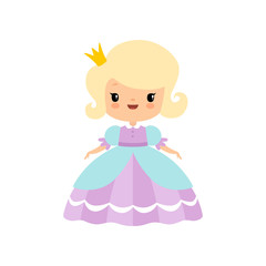 Sticker - Cute Blonde Little Fairytale Princess in Beautiful Dress Cartoon Vector Illustration