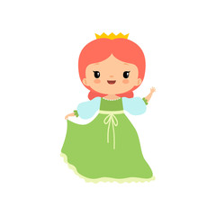 Sticker - Cute Little Fairytale Princess Girl Wearing Green Dress and Golden Crown Cartoon Vector Illustration