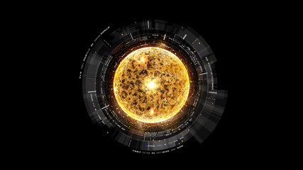 Fototapete - Futuristic graphic user interface head up display screen with digital holographic Nuclear Fusion energy simulator display for digital background