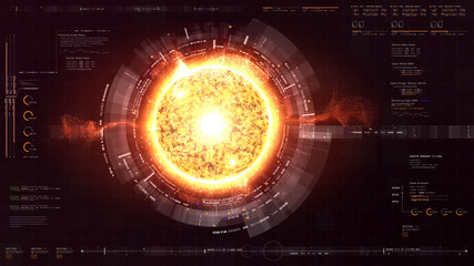 Fototapete - Futuristic graphic user interface head up display screen with digital holographic Nuclear Fusion energy simulator display for digital background