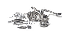 Beautifully Hand-drawn Fishing Gear Isolated On White. Fishing Reel, Bell, Floats, Hooks, Bait For Fishing Spinning.
