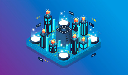 Isometric design concept virtual reality and augmented reality. software development and programming. Computation of big data center, quantum computer isometric vector technology