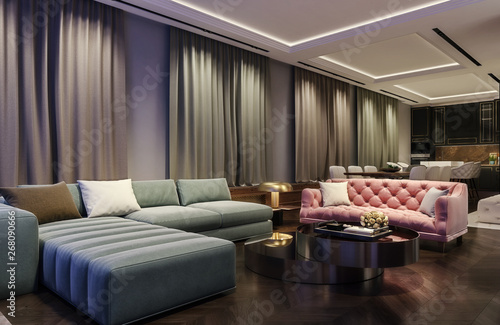 Modern Interior Design Of Living Room Night Scene With