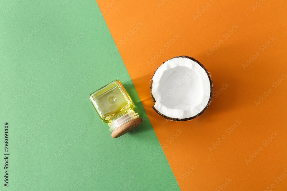 Composition with coconut oil on color background