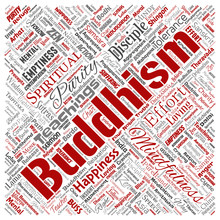 Vector Conceptual Buddhism, Meditation, Enlightenment, Karma Square Red Word Cloud Isolated Background. Collage Of Mindfulness, Reincarnation, Nirvana, Emptiness, Bodhicitta, Happiness Concept