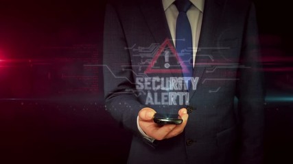 Wall Mural - Businessman in suit using smartphone with security alert hologram. Modern and futuristic concept of cyber attack, computer security, warning sign and digital protection.