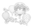 Hot air balloons in the sky. Zentangle inspired doodle style isolated on white.