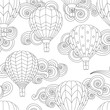 Seamless pattern with image of Hot air balloon in zentangle inspired doodle style isolated on white.