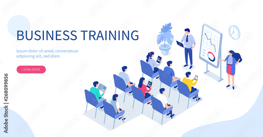 Business training or courses concept. Can use for web banner, infographics, hero images. Flat isometric vector illustration isolated on white background. - obrazy, fototapety, plakaty 