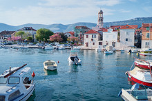 Kastel Coast In Dalmatia,Croatia. A Famous Tourist Destination On The Adriatic Sea. Fishing Boats Moored In Old Town Harbor.
