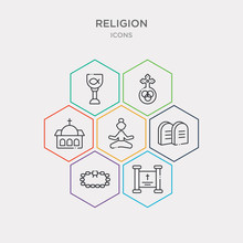 Simple Set Of Crown Of Thorns, Holy Scriptures, Bead, Commandments Icons, Contains Such As Icons Buddhism, Vatican, Holy Trinity And More. 64x64 Pixel Perfect. Infographics Vector