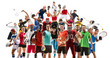 © master1305 - Sport collage. Tennis, running, badminton, soccer and american football, basketball, handball, volleyball, boxing, MMA fighter and rugby players. Fit women and men standing isolated on white
