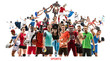 © master1305 - Sport collage. Tennis, running, badminton, soccer and american football, basketball, handball, volleyball, boxing, MMA fighter and rugby players. Fit women and men standing isolated on white