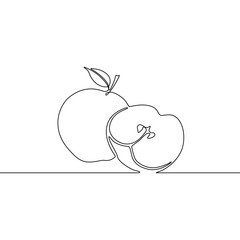 Continuous one line appe and slice of apple, vector