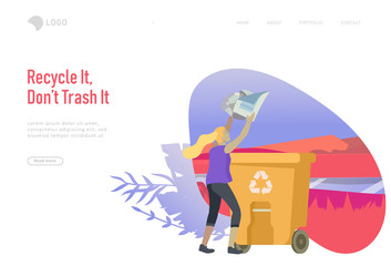 Landing page template with people Recycle Sort Garbage in different container for Separation to Reduce Environment Pollution. Family with kids collect garbage. Earth Day vector cartoon illustration