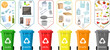 Trash cans with sorted garbage set. Different types of Waste: Organic, Plastic, Metal, Paper, Glass, E-waste. Color poster waste management. Concept of Recycles Day and ecology Segregate waste.