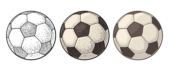 Wall Mural - Soccer ball. Vintage vector engraving color illustration. Isolated on white