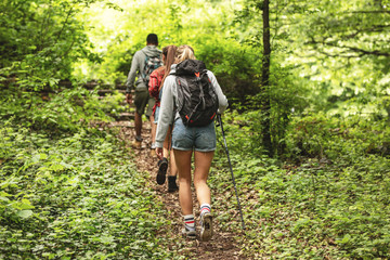 group of friends hiking together in nature.they walking on old path.rear view.