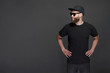 © 4Max - Hipster handsome male model with beard wearing black blank baseball cap with space for your logo