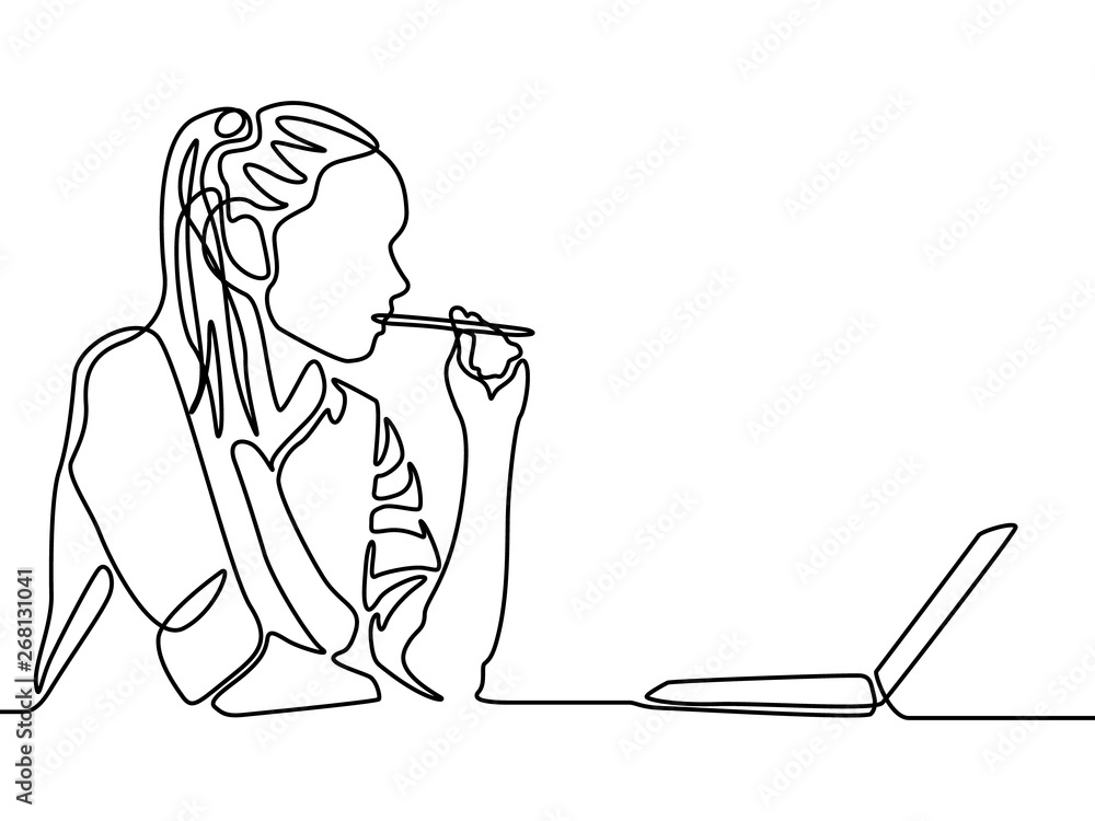 Continuous one line woman with laptop thinking and bitting a pen, e-learning concept - obrazy, fototapety, plakaty 