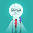 Transitions to adulthood concept.Young characters standing near white passage with different adulthood words.Flat cartoon design