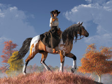 With A Rifle Resting On Her Shoulder A Cowgirl Wearing A Black Dress And White Blouse In The Saddle Of A Paint Horse Looks Back At You In This Scene From The American Wild West. 3D Rendering