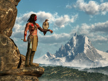 A Native American Hunter Stands On The Edge Of A Rocky Cliff Looking Across A Forested Valley At A Distant Snow Covered Mountain. On His Arm Perches His Pet Hawk. 3D Rendering