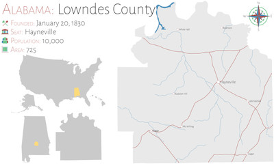  Large and detailed map of Lowndes county in Alabama, USA