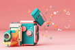 © Jokiewalker - Colorful vintage camera surrounding by memphis pattern on a pink background.-3d render.