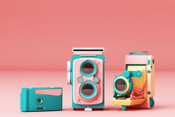 Wall Mural - Colorful vintage camera on a pink background.-3d render.