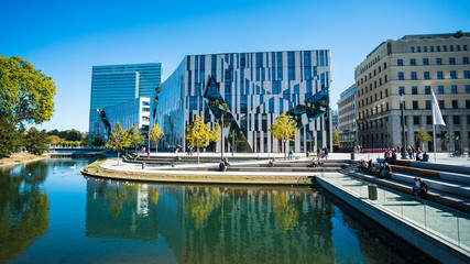 DUSSELDORF, GERMANY - SEPTEMBER 30 2018: View of the Ko - Bogen. The Ko-Bogen is a large-scale office and retail complex designed by the New York architect Daniel Libeskind