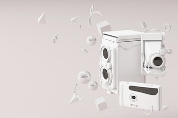 Wall Mural - white vintage camera surrounding by memphis pattern on a white background.-3d render.