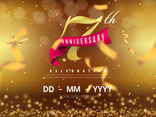 7 Years Anniversary Logo Template On Gold Background. 7th Celebrating Golden Numbers With Red Ribbon Vector And Confetti Isolated Design Elements