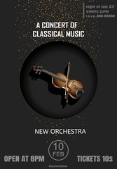 Poster for a concert of classical music with violin on the black background.