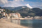 Fototapeta Tęcza - Town Port de Soller, Mallorca, Spain. Bay, sandy beach, ocean, boats.