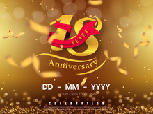 18 Years Anniversary Logo Template On Gold Background. 18th Celebrating Golden Numbers With Red Ribbon Vector And Confetti Isolated Design Elements