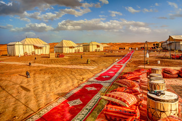 Camping site with tents in the Sahara Desert in Morocco