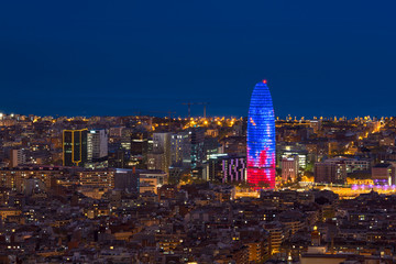 Wall Mural - Scenic aerial view of Barcelona city skyscraper and skyline at night in Barcelona, Spain.