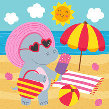 Hippo Girl With Ice Cream On The Beach - Vector Illustration, Eps