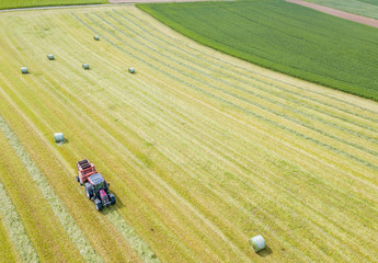 Sticker - Aerial view of tractor harvesting green hay from meadow.