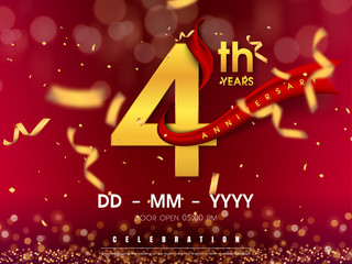 4 years anniversary logo template on gold background. 4th celebrating golden numbers with red ribbon vector and confetti isolated design elements