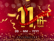 11 years anniversary logo template on gold background. 11th celebrating golden numbers with red ribbon vector and confetti isolated design elements