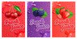 Set of blackberry, cherry and strawberry fresh juice banner with splash. Template for brand, label, emblem, store, packaging, advertising, poster.Vector illustration of healthy juicy vitamin drink.
