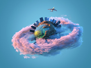 Wall Mural - airplane flies over the small planet