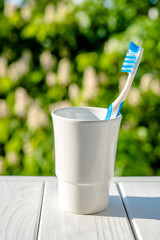 Wall Mural - Toothbrush stands in a glass on a natural background 