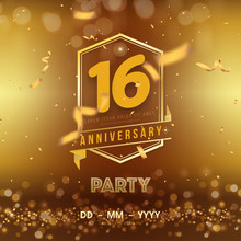 16 Years Anniversary Logo Template On Gold Background. 16th Celebrating Golden Numbers With Red Ribbon Vector And Confetti Isolated Design Elements