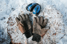 Gloves And Earmuffs On A Tree Stump.